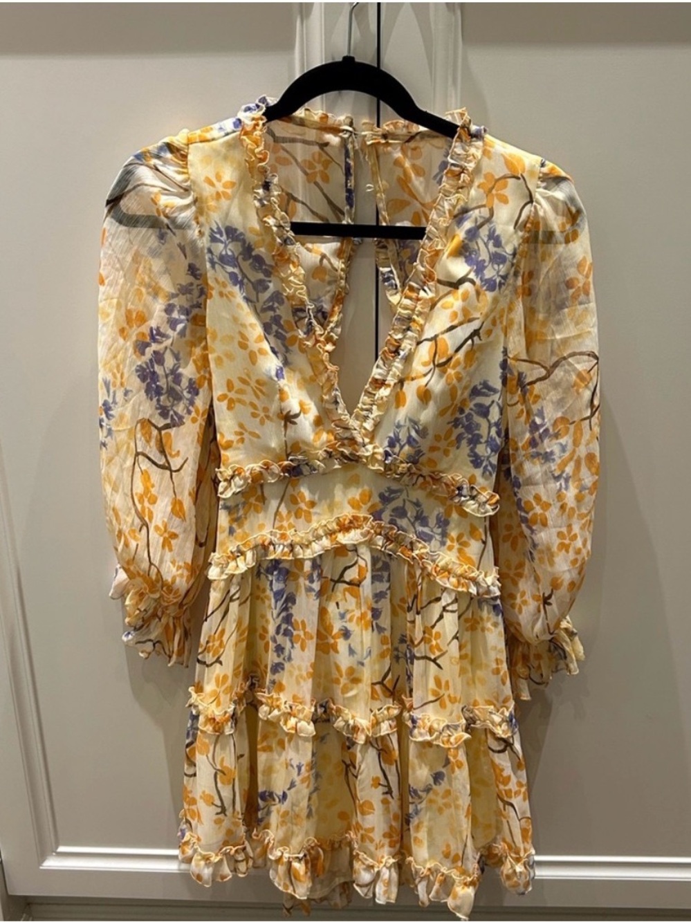 Elegant Floral Long Sleeve Dress in Yellow and Purple